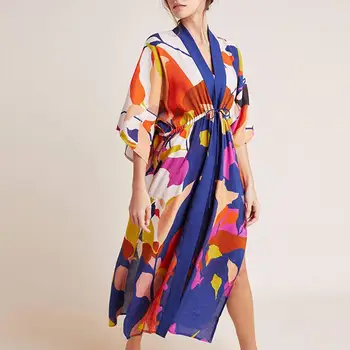 

Mossha gossamer beach dress woman 2019 new Tropical print cover up bathing suit chiffon kaftan Sexy women swimwear ankle length