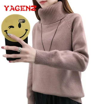 

YAGENZ Harajuku Women Solid Turtleneck Sweater Women Knitted Loose Brief Thermal Ladies Sweater Female Kawaii Knitted Pullover