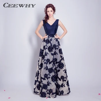 

CEEWHY Navy Blue Embroidery Evening Dress Elegant Prom Formal Dress Vestido de Festa V-Neck Evening Gown Abendkleider Lange