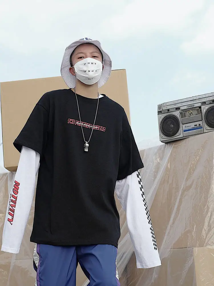 Харадзюку Лоскутная футболка мужская хип-хоп Футболка уличная с длинным рукавом Свободная Панк футболка модная пара Япония негабаритная футболка