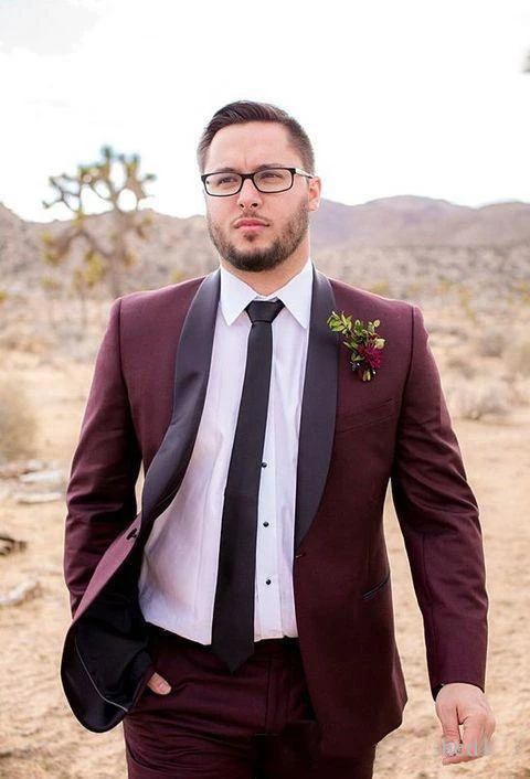 

Classic Design One Button Burgundy Groom Tuxedos Groomsmen Shawl Lapel Best Man Suit Wedding Men's Blazer Suits (Jacket+Pants+Ti