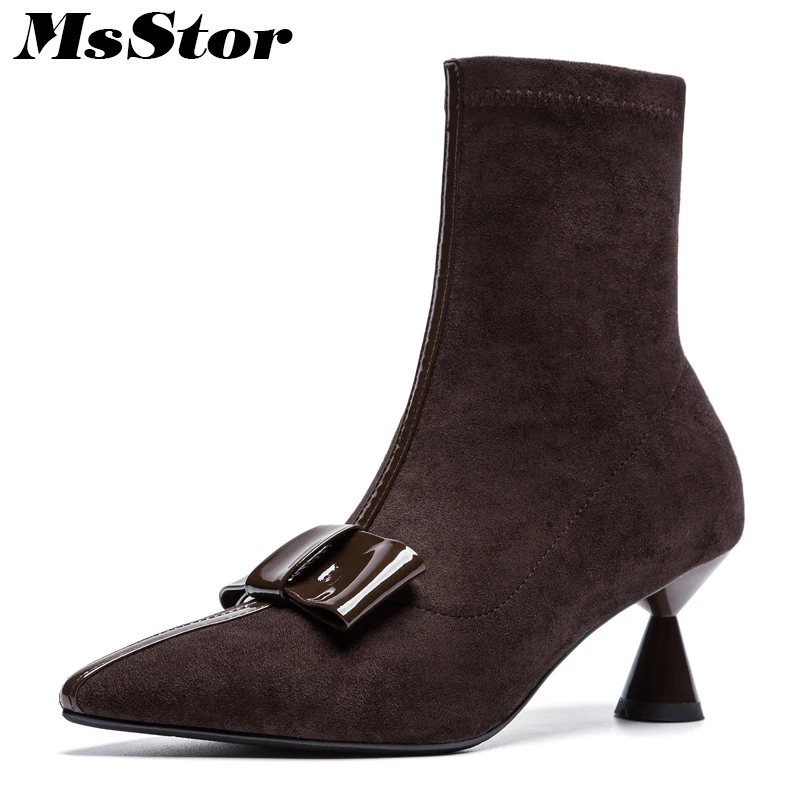 MsStor Pointed Toe High Heel Women Boots Fashion Elegant Mid-Calf Boots Women Shoes Elegant Concise Butterfly Knot Boots Women