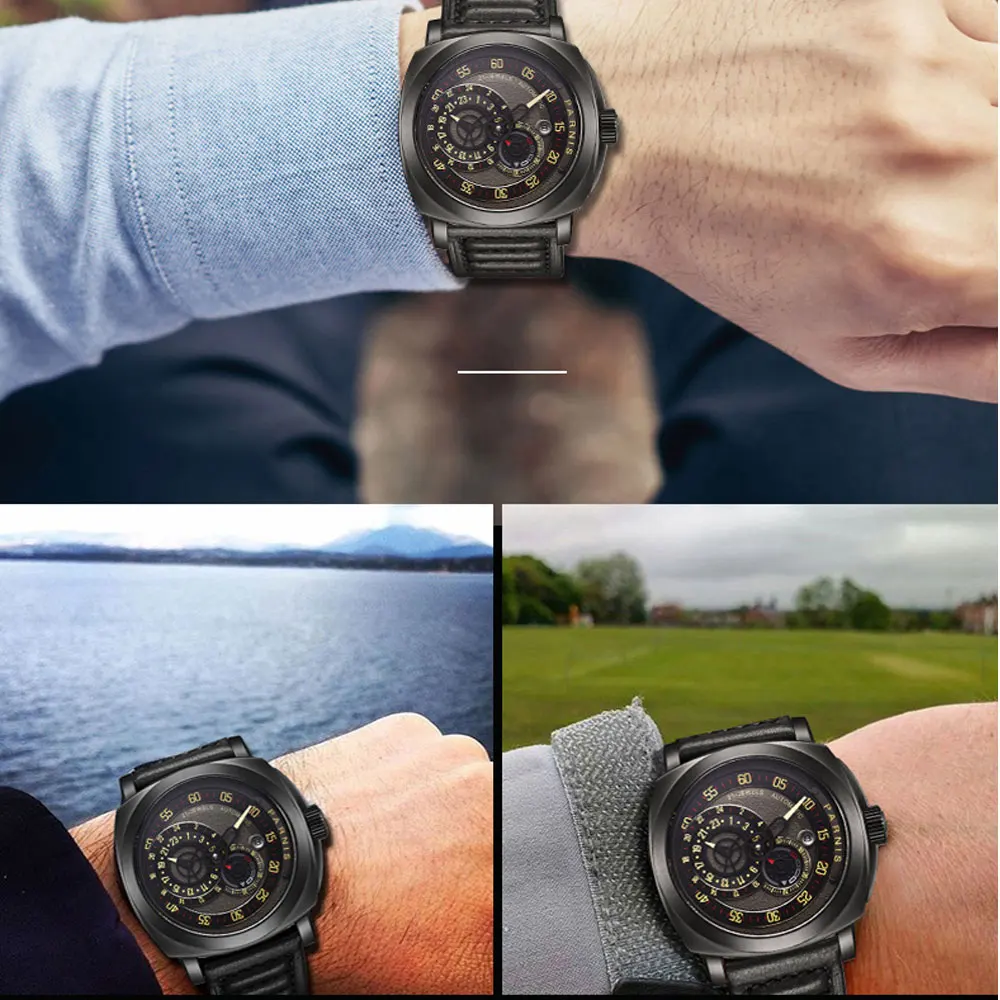  2019 Newest Issue Mens Watch 44mm Parnis Black Dial Top Brand Luxury Automatic Movement Watches PVD