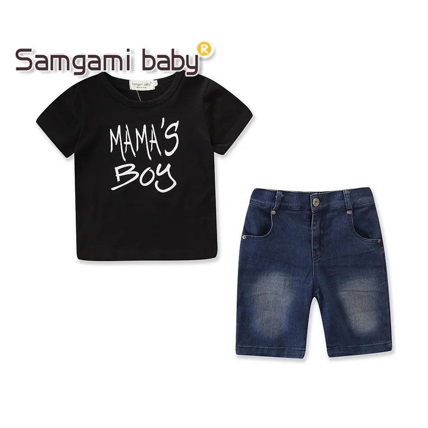 SAMGAMI BABY Retail Kids Clothing Set Black Short Sleeve T-shirt+denim Shorts 2pcs Outfit Baby Boy Clothes Summer Casual Style | Детская