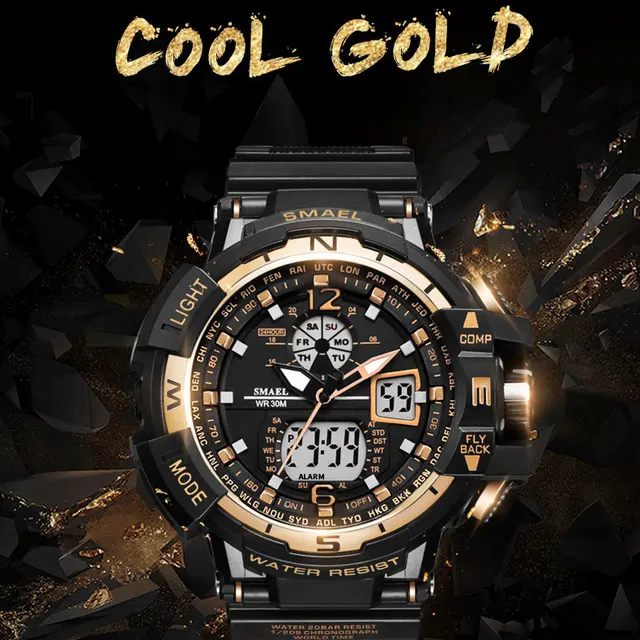SMAEL Brand Sport Watch mężczyźni New wodoodporna moda Military Clock Shock męskie luksusowe analogowe kwarcowe Dual Display zegarki na rękę tanie i dobre opinie Quartz Wristwatches Kompletny kalendarz odporny na wstrząsy wyświetlacz LED Auto Date wodoodporny tylne światło chronograf pływać alarm perpetual calendar SMAEL Brand Sport Watch mężczyźni New wodoodporna moda Military Clock Shock męskie luksusowe analogowe kwarcowe Dual Display zegarki na rękę tanie i dobre opinie Quartz Wristwatches Kompletny kalendarz odporny na wstrząsy wyświetlacz LED Auto Date wodoodporny tylne światło chronograf pływać alarm perpetual calendar