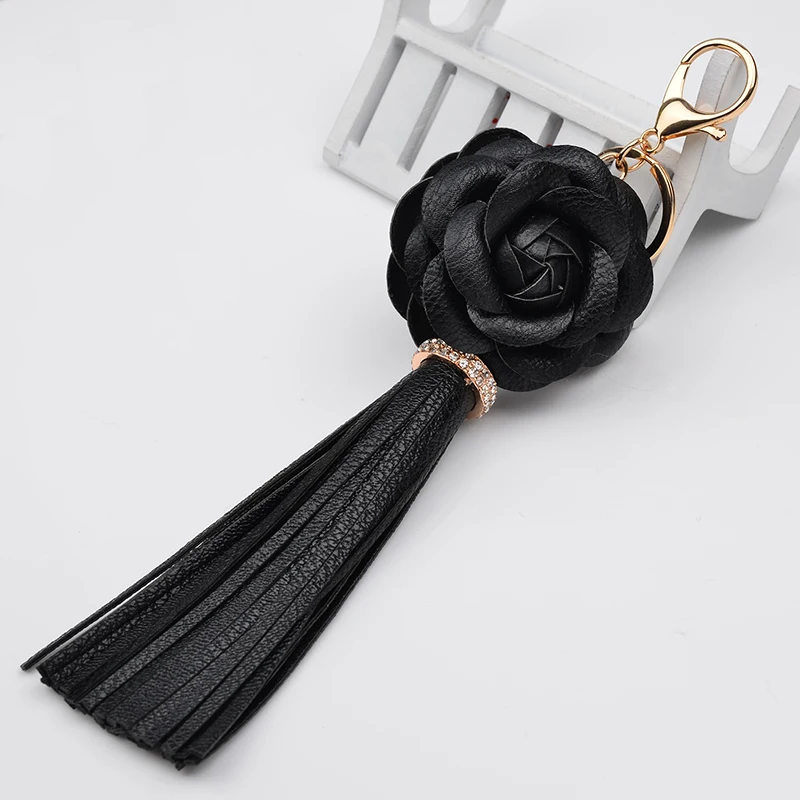 Brand Camellia Flower Leather Tassel Key chain Charm Handbag