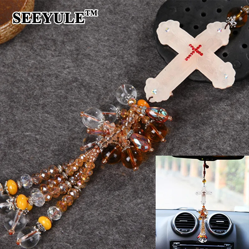

1pc SEEYULE Fashion Design Car Rearview Mirror Pendant Replica Glass Crystal Ornament Cross Rudder Money Bag Style Decal