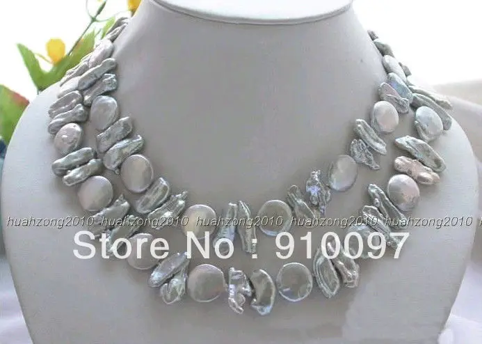 

free shipping >>>34" 12MM GRAY COIN BIWA FRESHWATER PEARL NECKLACE
