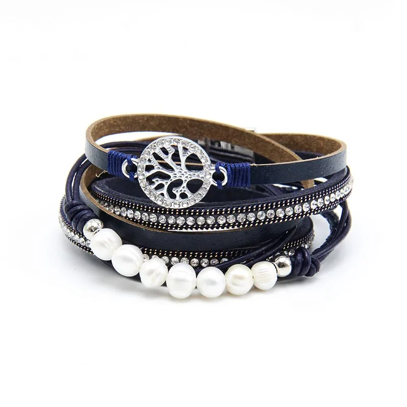 ZG Multiple Layers Punk Leather Bracelet For Men& Women Tree of Life jewelry Pearl Rhinestone Braid Charms Bracelets femme