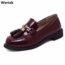 Удобные женские Кожаные Классические брендовые туфли без застежки с кисточками; женские повседневные винтажные Туфли-оксфорды с круглым носком на плоской подошве; T087