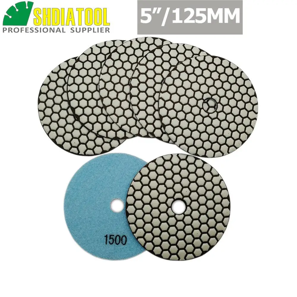 SHDIATOOL 7pcs/pk 5 Inches Grit #1500 Resin Bond Diamond Dry Polishing Pads Stone Polisher Disc Marble Granite Tile Sanding Disc shdiatool 1pc diamond drilling core bits m14 thread porcelain tile stoneware crowns drill crowns marble stone masonry hole saw