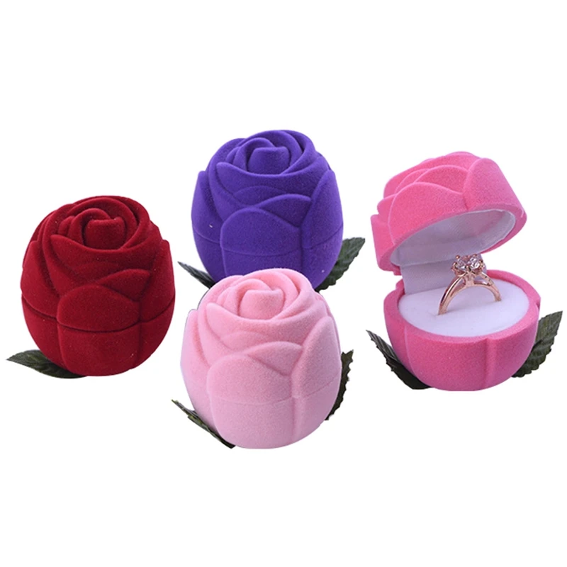 

Wedding Ring Box Soft Velvet Rose Jewelry Case for Special Occasion Valentine's Day Gift Packing 4 Colors