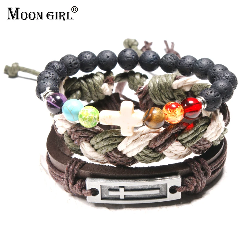 

MOON GIRL Leather Cross Stone Men Bracelet Boho Weave Vintage Hombre Lava Beads Chakra Charms Bracelet Set Drop Shipping Jewelry