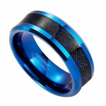 

8mm Blue Tungsten Carbide Ring Black Celtic Dragon Inlay Mens Jewelry Wedding Band Size 6-13