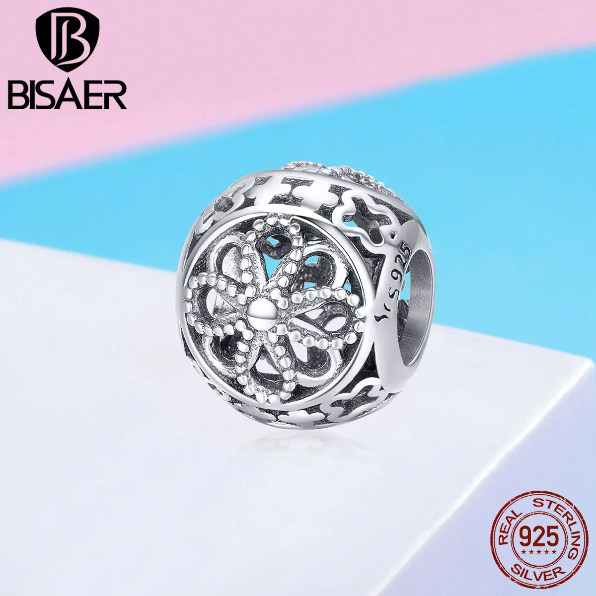 

BISAER Hot Sale 925 Sterling Silver Snowflake Flower Charms Beads fit for Original Bracelets Silver 925 Jewelry Making ECC899