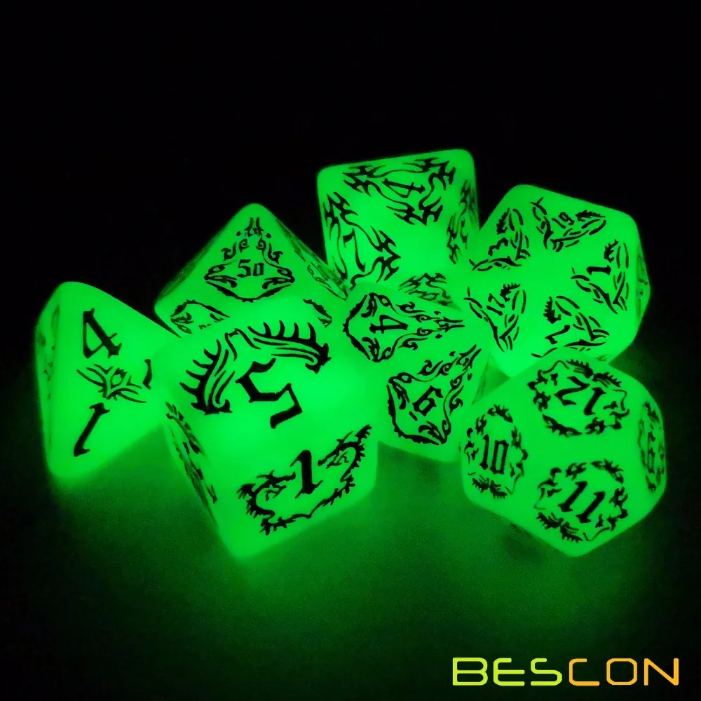 BESCON DARK ELVES Glowing Dice Set (7 piece), Oversized GLOW IN DARK Carved Role Playing Games RPG Dice Set 6