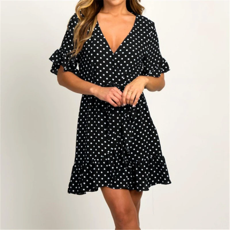 

Women Short Sleeve V-neck Polka Dot Dress Boho Summer Sundress Beach Dress Vestidos