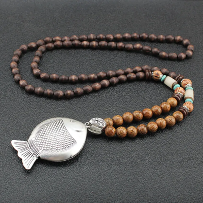 

Vintage Handmade Nepal Necklace Buddhist Mala Wood Beads Pendant & Necklace Ethnic Horn Fish Long Statement Jewelry Women Men
