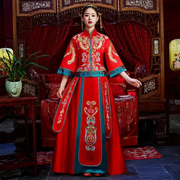 

Red Wedding Bride Chinese Style Cheongsam Traditional Lady Long Qipao Embroidery Women's Evening Dress marry Clothes S - XXL