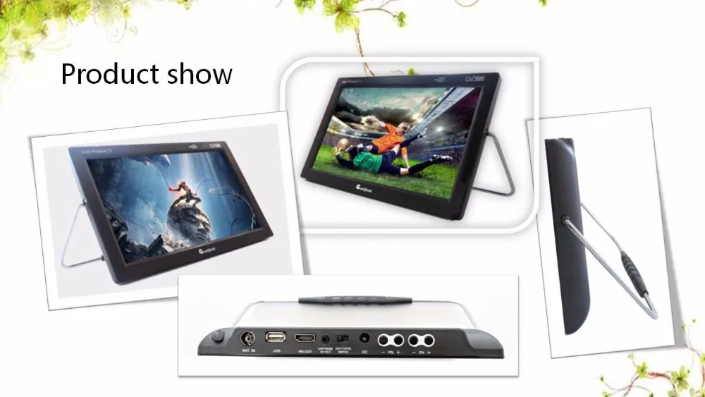 Free shipping 12v LED portable digital tv dvb t2 tv mpeg4 battery