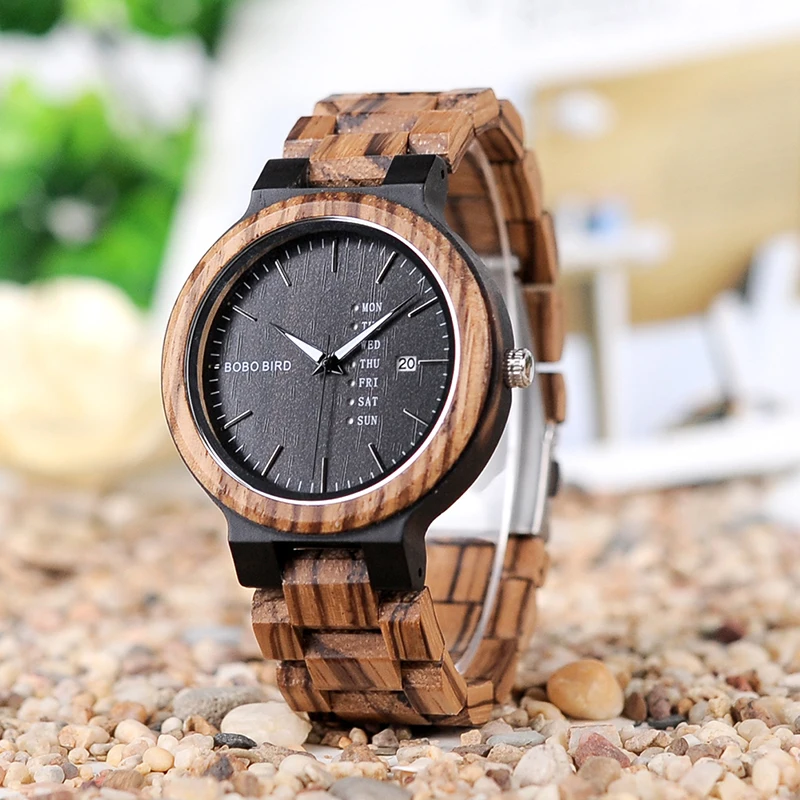 BOBO BIRD O26-2 Men's Wood Dress Analog Watch With Week Display Casual Quartz Watch Ship from Spain In Gift Box