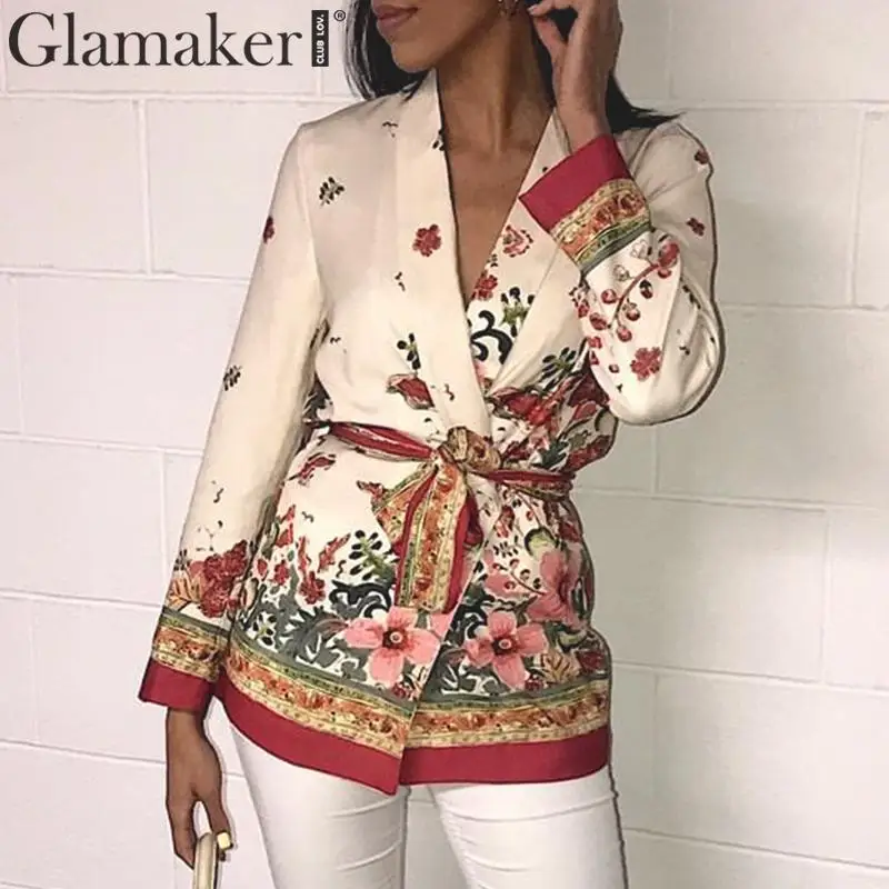 Glamaker, цветочный принт, v-образный вырез, сексуальное кимоно, для женщин, осень, с длинным рукавом, кимоно, куртка, женский элегантный пояс, вечерние, короткие, кимоно, блузка
