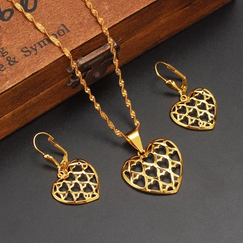 

24 k Real Solid Gold GF Bead Necklaces Sets Women NEW HOT Romantic Heart Pendant Necklace chain Earrings sets Jewelry