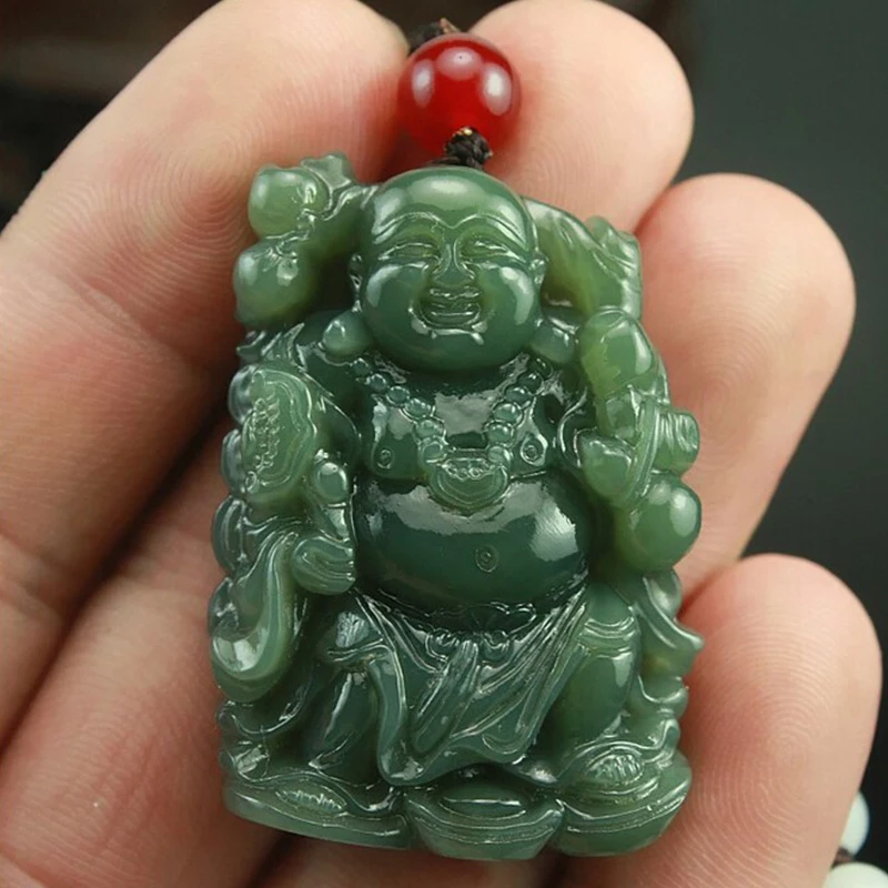 Натуральный ручной работы китайский Хотан нефрит кулон-зеленый нефрит резной Будда счастливый амулет подвески ожерелье