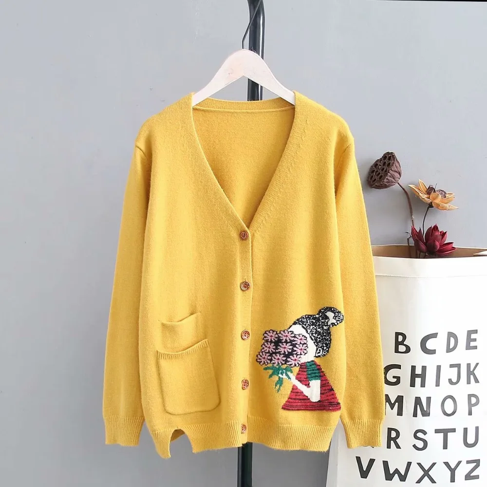 Plus size knitted wool women yellow & black & red Cardigan jacket 2018