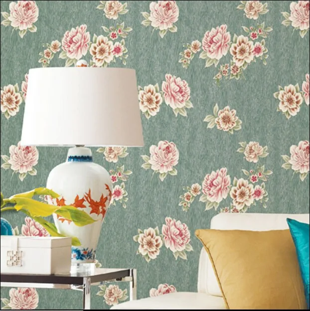 

vintage Silk shiny surface Its green bottom large flowers Pure non-woven,PVC wallpaper wall stickers waterproof home decoration