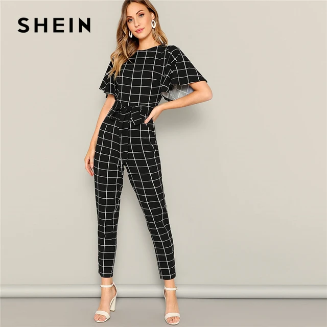 US $20.00 SHEIN Black Flutter Sleeve Belted Grid Print Zipper Jumpsuit Spring Mid Waist Casual Round Neck Hig