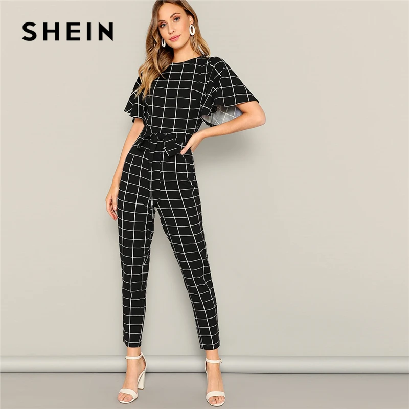 SHEIN Элегантный Комбинезон В Клетку С Оригинальным Рукавом И Поясом Завышенной