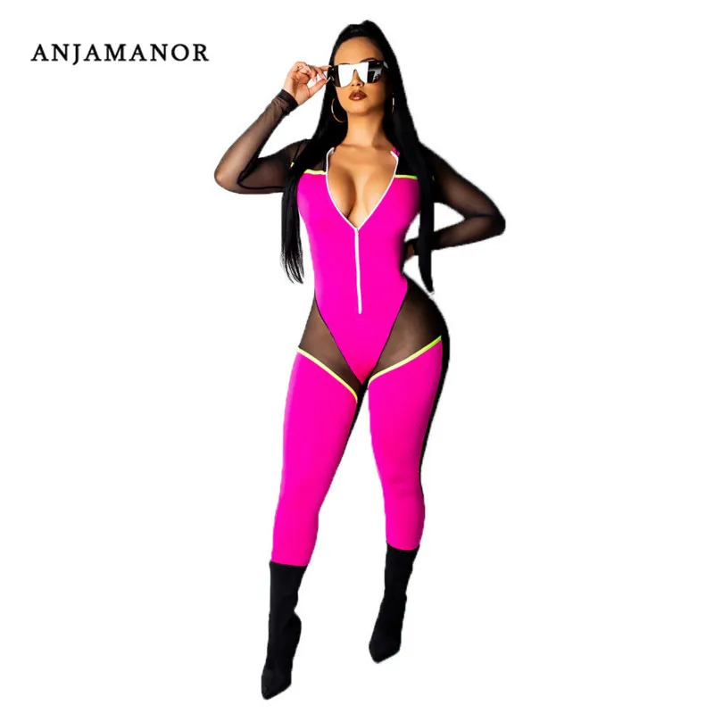 

ANJAMANOR Mesh Long Sleeve Deep V Bodycon Jumpsuit Sexy Mujeres One Piece Outfit Women Neon Rompers Rave Festival D30-AD40
