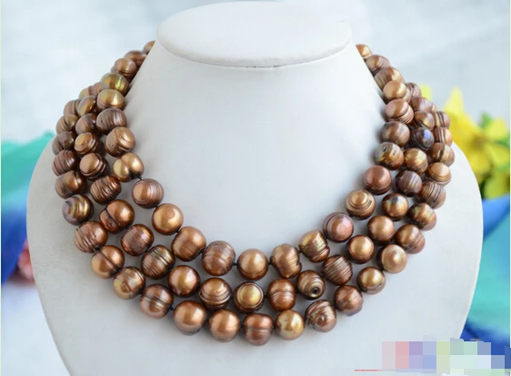 

P4842 3row 14mm almost round coffee screw thread freshwater pearl necklace @^Noble style Natural Fine jewe FREE SHIPPING