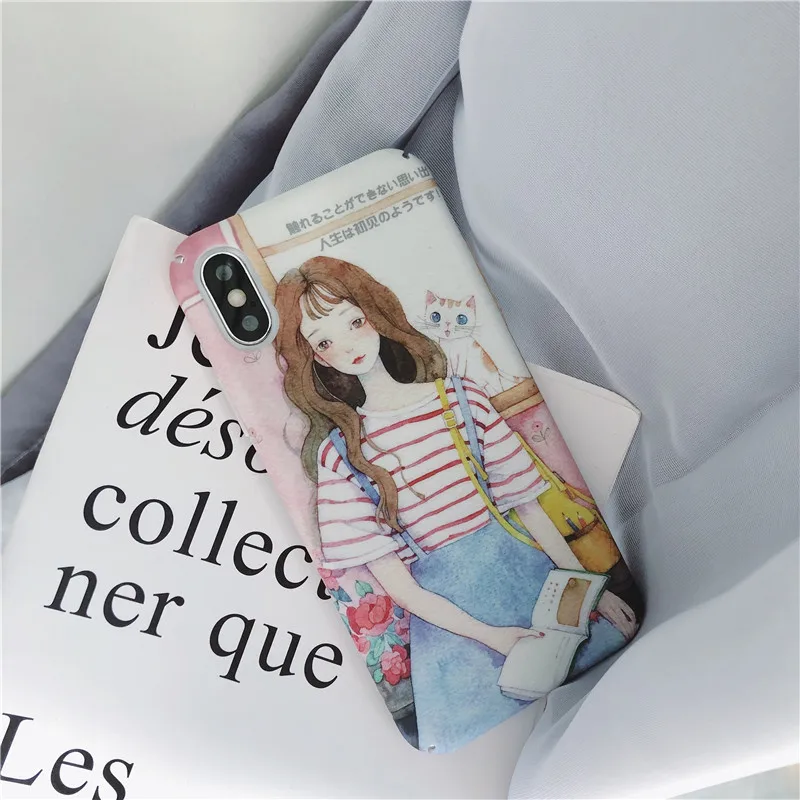 

New For iPhone X Xs Max Xr X 7 8 plus 6 6s plus Phone Case Fashion scrawl cartoon Cat Girl Hard Plastic PC back cover Coque