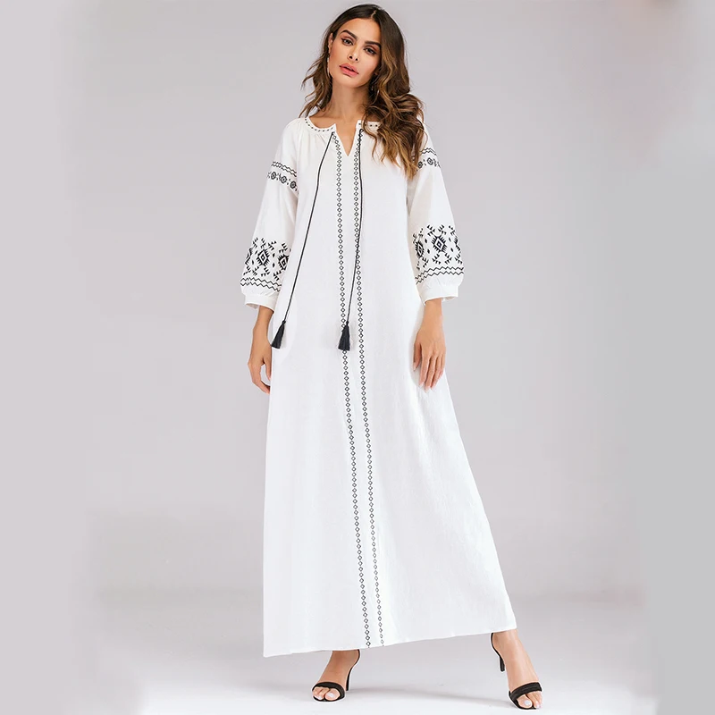 Женская, в национальном стиле белый абаи Дубайский Мусульманский платье с вышивкой кафтан исламский турецкий Femme мусульман костюмы s для