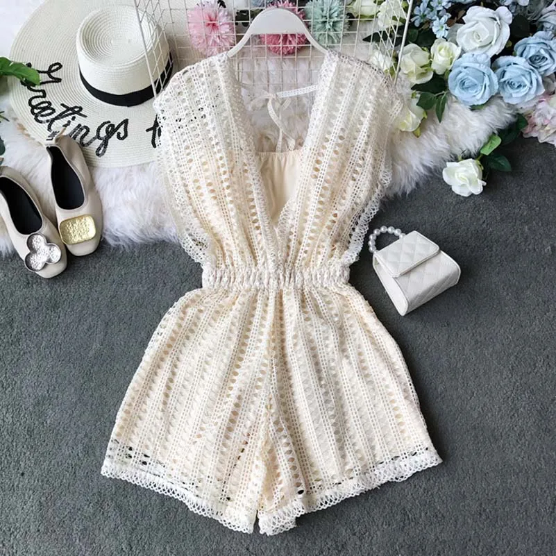 New Summer Bodysuit Women White V-Neck Rompers Hollowed Out Playsuits Women Sleeveless Vacation Jumpsuits New Summer Bodysuit Women White V-Neck Rompers Hollowed Out Playsuits Women Sleeveless Vacation Jumpsuits