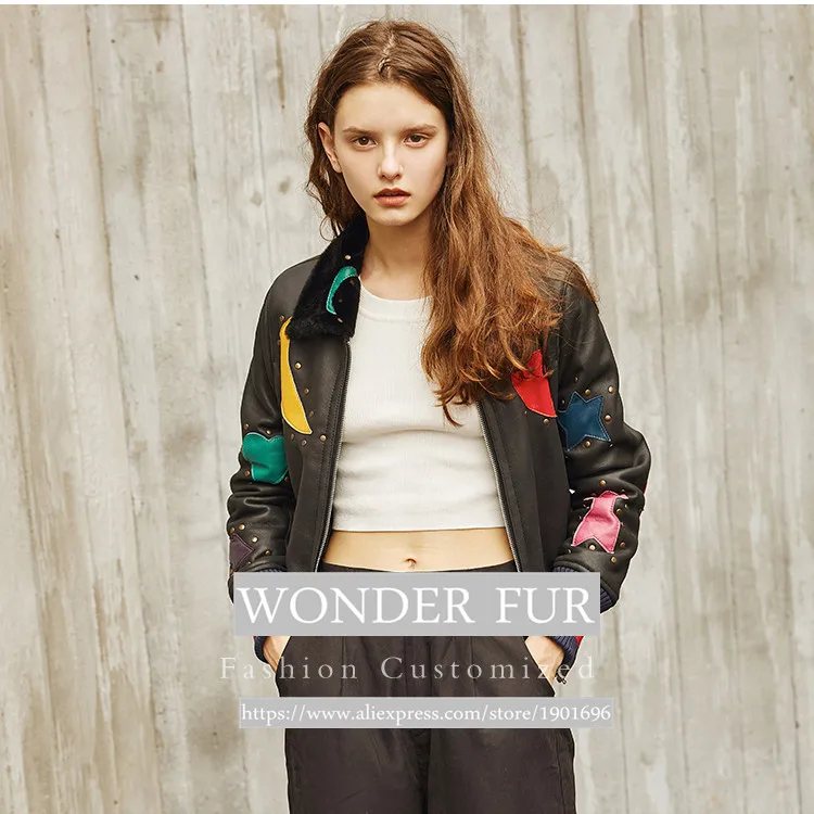 

Punk Style Real Fur & Skin Coat Real Lamb Fur Appliques Motorcycle Jacket Guc**i Design Stars Real Merino Sheep Fur Jacket