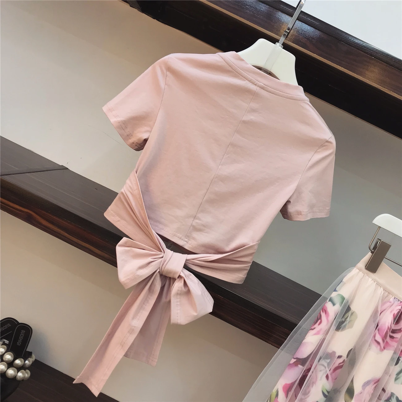 shirt Arc Pink Robes Cravate T Nouvelle D'été Imprimer noir Ensembles Sleeve pièces 2018 Croix Femmes Irrégulière Fille rose Fleur Jupe Mode Long Vintage Lady Deux xqYnwzHR