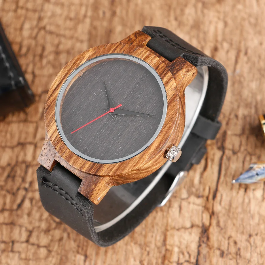 Top Men's Wooden Watches High Quality Black Handmade Natural Wood Bamboo Quartz-watch No Number Face Chic Second Hand Clock Male (23)