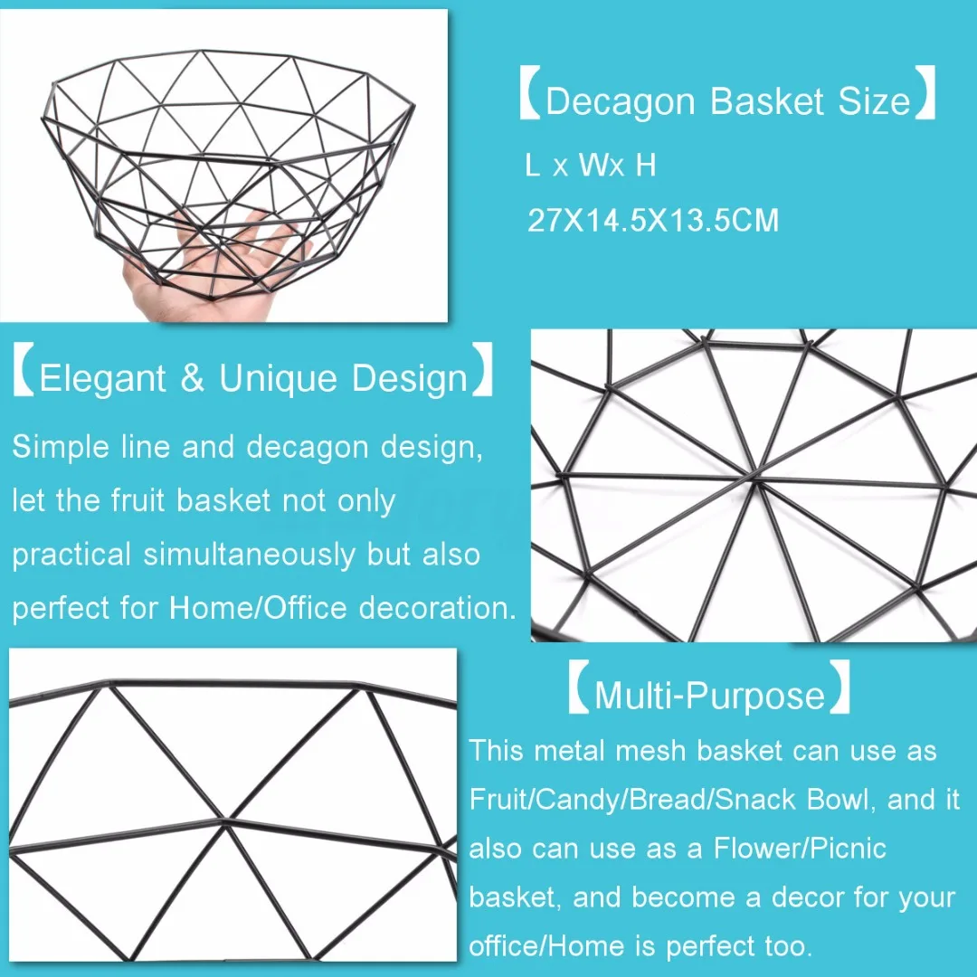 JX-LCLYL New Geometric Iron Wire Decorative Storage Display Basket Fruit Bowl Black 135mm