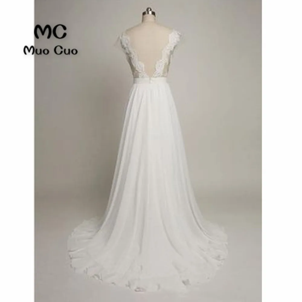 A-Line Boat Neck Cap Sleeves Sweep Train White Chiffon Wedding Dress with Lace