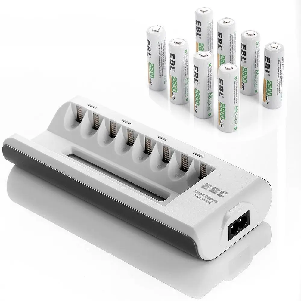 EBL 8pcs 2800mAh AA Rechargeable Batteries + Battery Charger for AA AAA