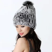 Autumn and Winter Women s Genuine Rex Rabbit Fur Hats with Fox Fur Ball Female Warm