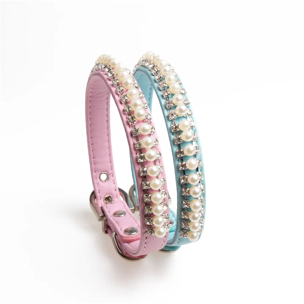 

Adjustable Leather Pet Collars for Dogs Charm Design with Rhinestone and Pearl Necklace Collar for Dogs Cat Collar Pet Supplies
