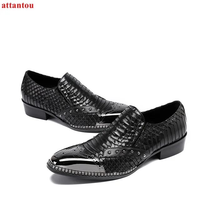 Hot Sale Autumn Silver Square Toe Men Dress Shoes Black Leather Luxury