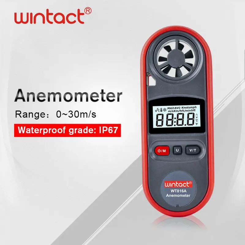 

WT816A Portable Anemometer Water Proof IP67 Wind Speed Anemometro Temperature Gauge Meter 30m/s with LCD Backlight Display