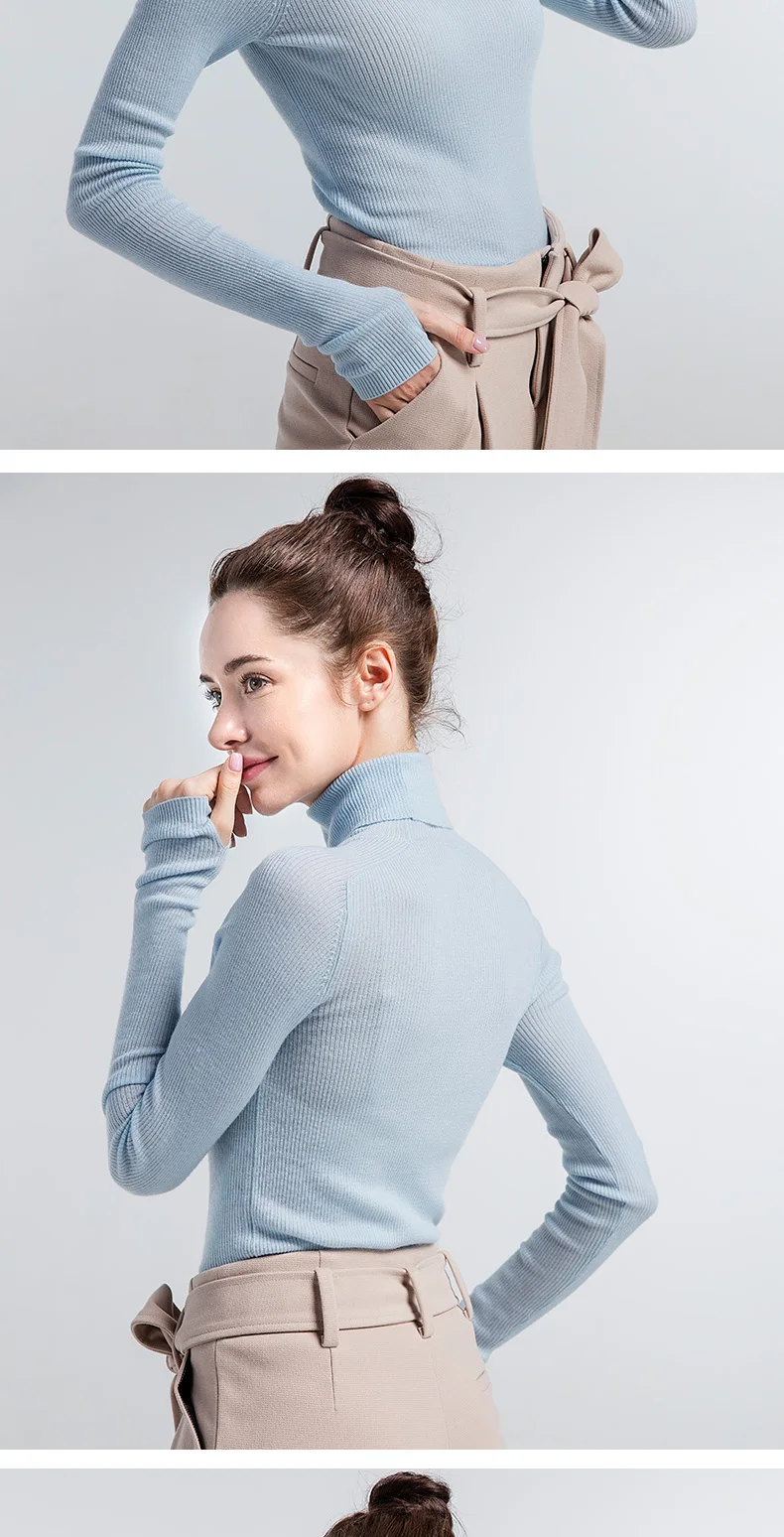 Women Wool Pullover 100%Wool Sweater For Women Turtleneck Rib Knits Fall Winter Bottoming Sweaters