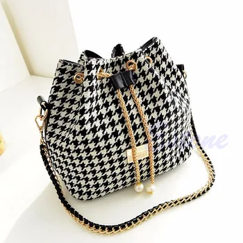 

Women Rope Chain Handbag Shoulder Bag Linen Houndstooth 2018 New Female Sweet Girl Pearl Pendant Wear Drawstring Bucket Bag