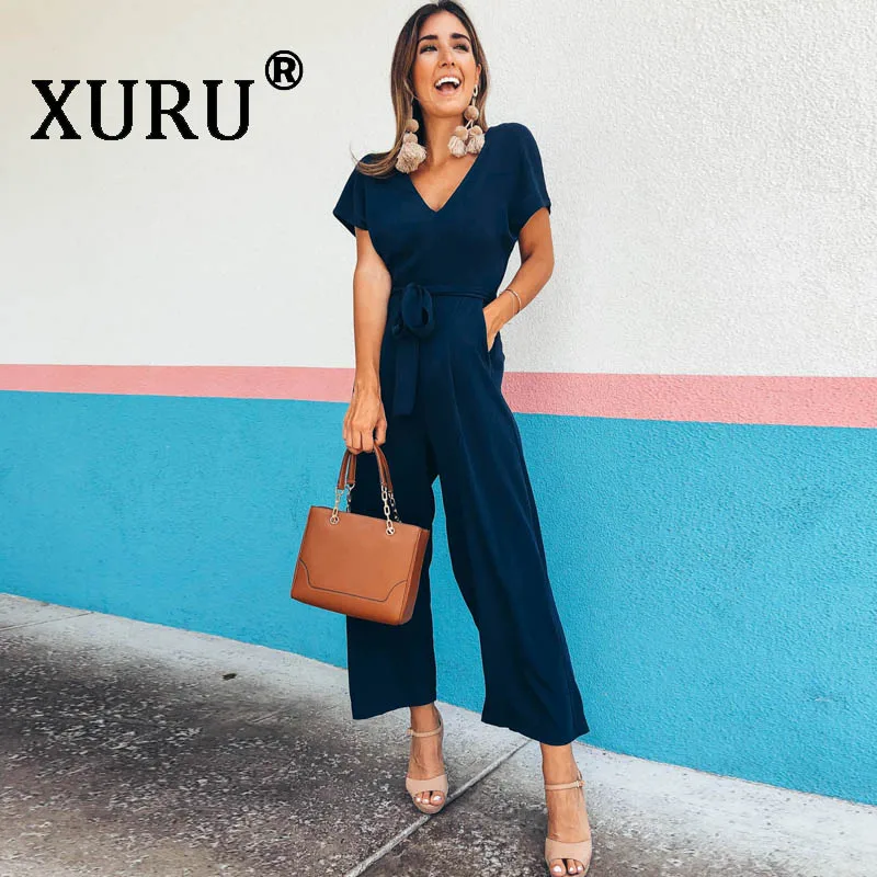 XURU temperament fashion casual chiffon jumpsuit nine pants summer new V-neck solid color women's loose jumpsuit with belt